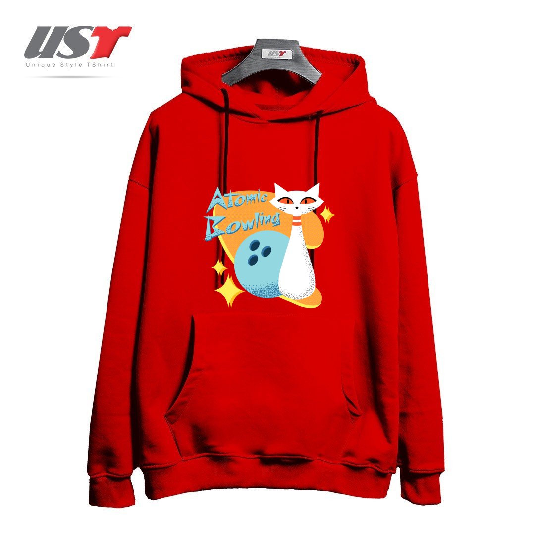طرح ATOMIC CAT IN MID-CENTURY MODERN BOWLING DESIGN هودی اورسایزرنگ قرمز