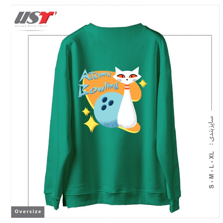 طرح ATOMIC CAT IN MID-CENTURY MODERN BOWLING DESIGN سوییشرت اورسایزرنگ سبز سدری