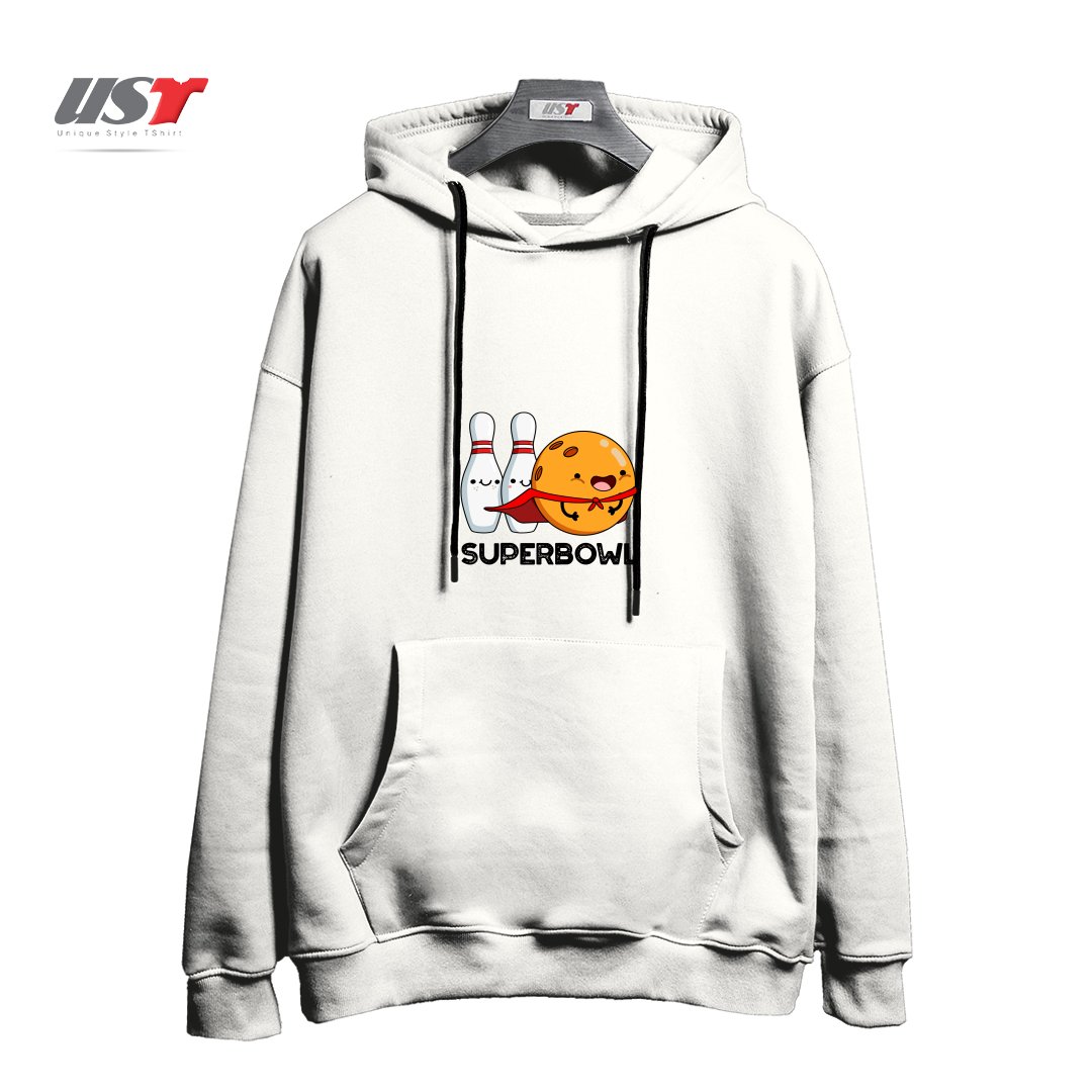 طرح SUPER BOWL CUTE SUPER HERO BOWLING PUN هودی اورسایزرنگ سفید