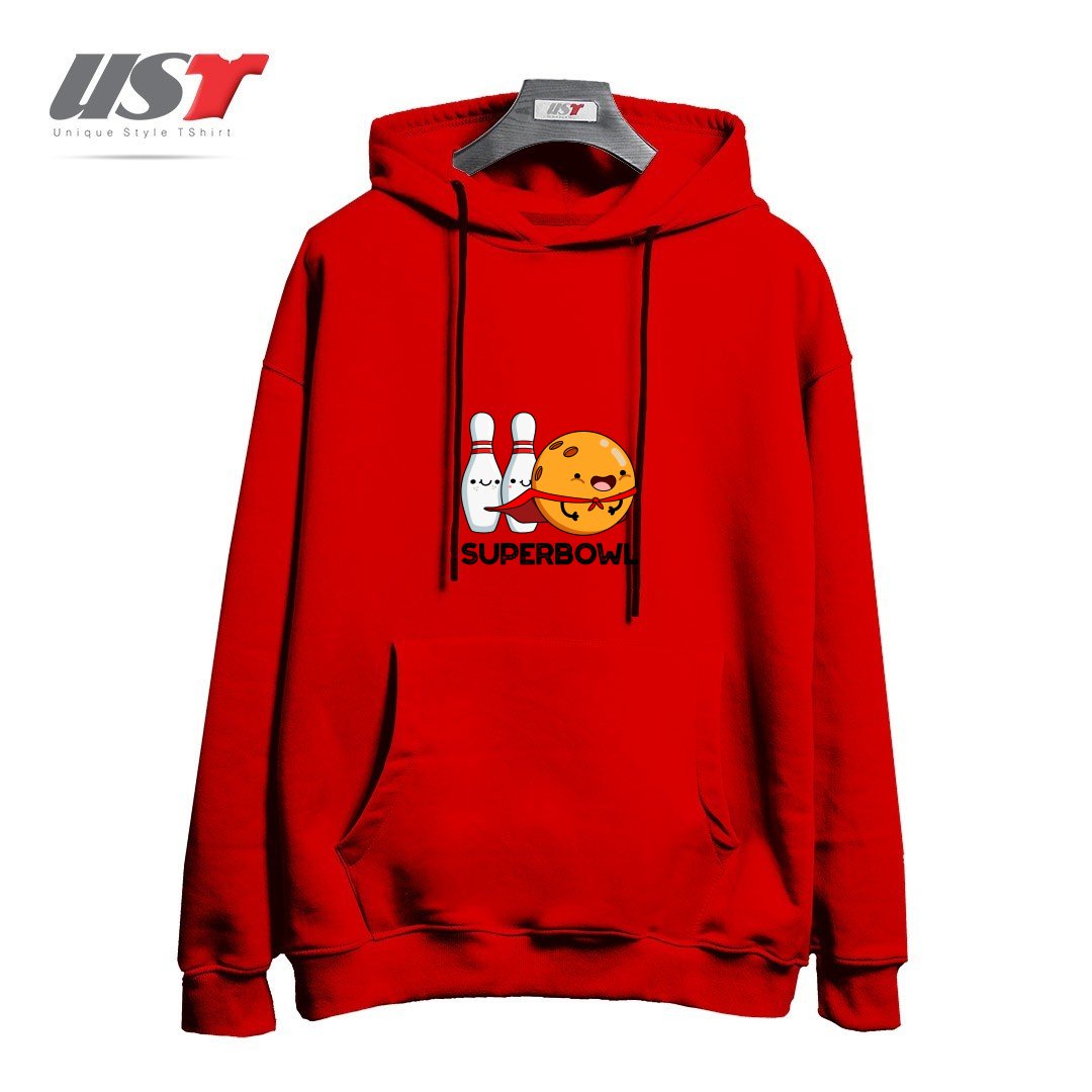 طرح SUPER BOWL CUTE SUPER HERO BOWLING PUN هودی اورسایزرنگ قرمز