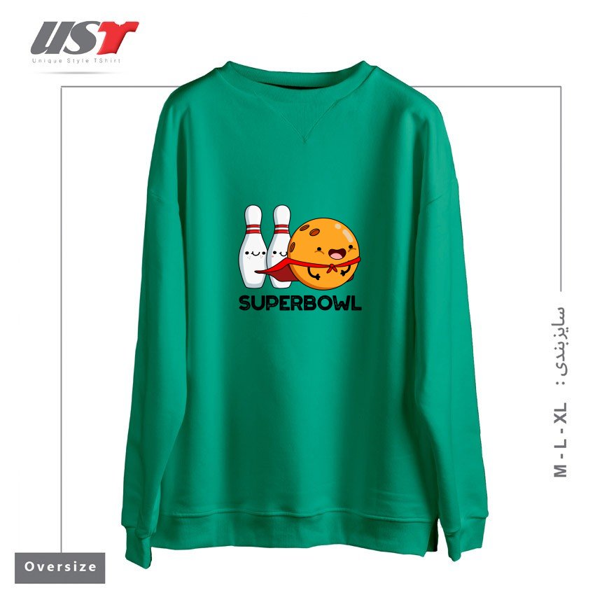 طرح SUPER BOWL CUTE SUPER HERO BOWLING PUN سوییشرت اورسایزرنگ سبز سدری
