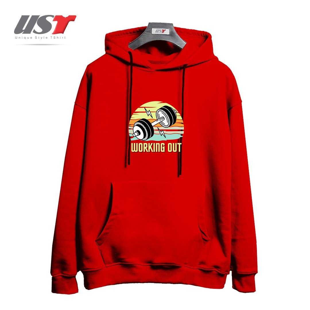 طرح RETRO GYM WORKING OUT هودی اورسایزرنگ قرمز