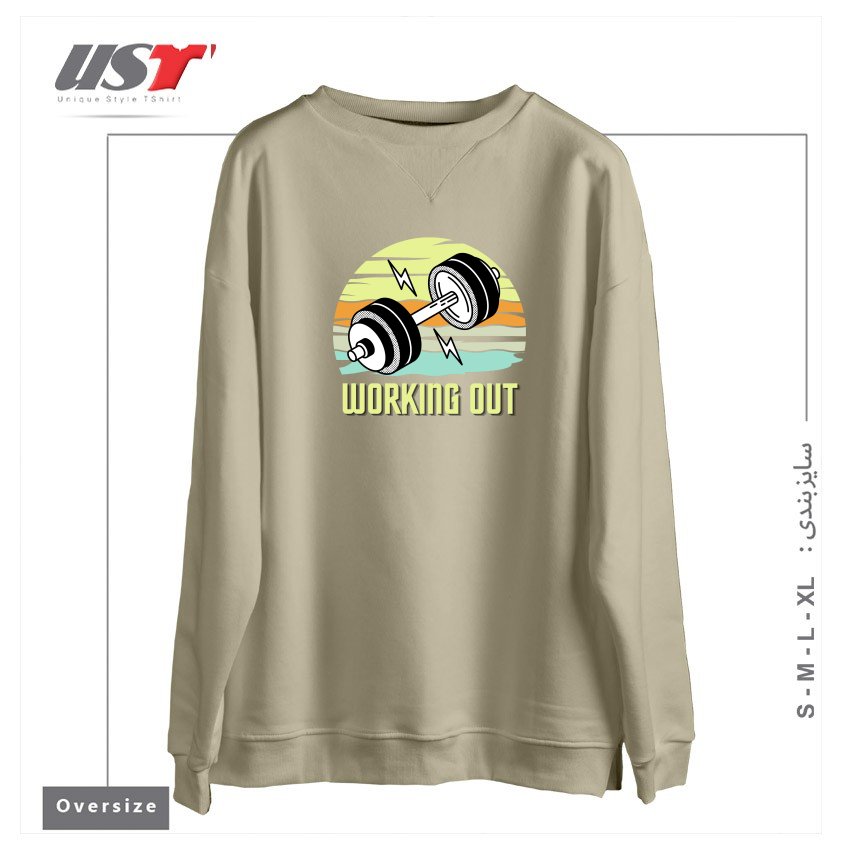 طرح RETRO GYM WORKING OUT سوییشرت اورسایزرنگ نخودی