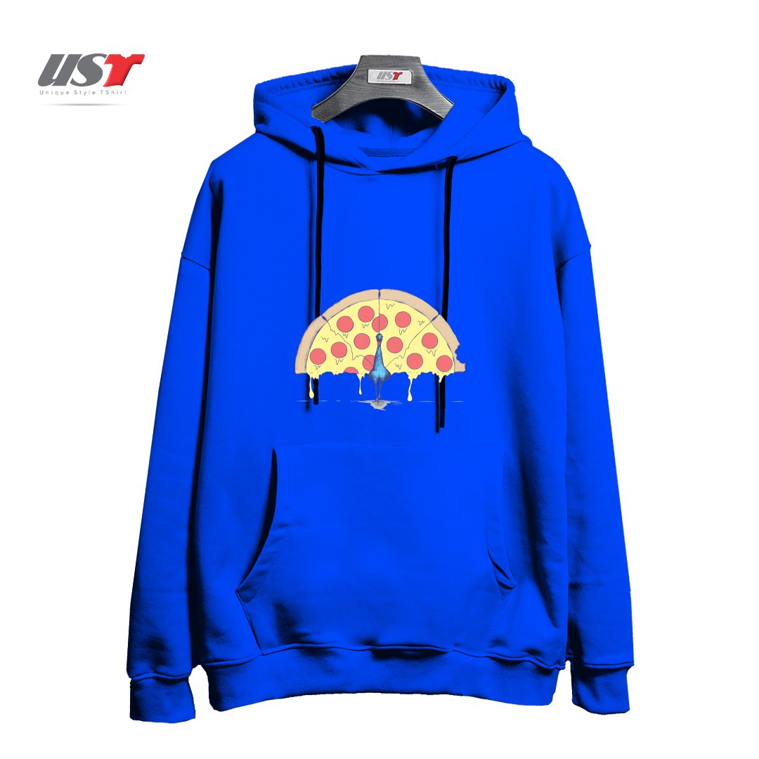 طرح PIZZA PEACOCK354554 هودی اورسایزرنگ آبی شالی