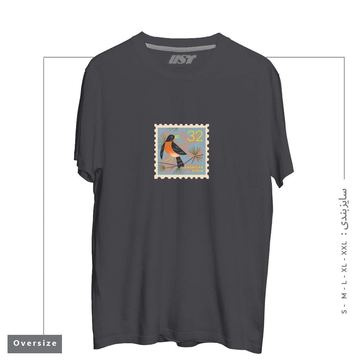 طرح ROBIN POSTAGE STAMP تیشرت اورسایزرنگ دودی
