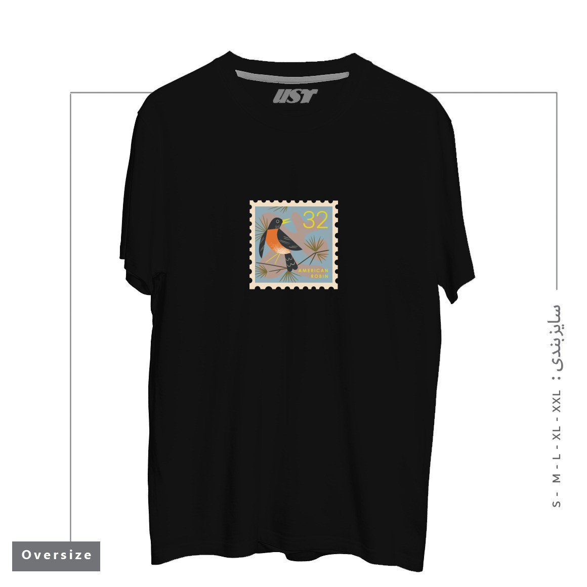طرح ROBIN POSTAGE STAMP تیشرت اورسایزرنگ مشکی