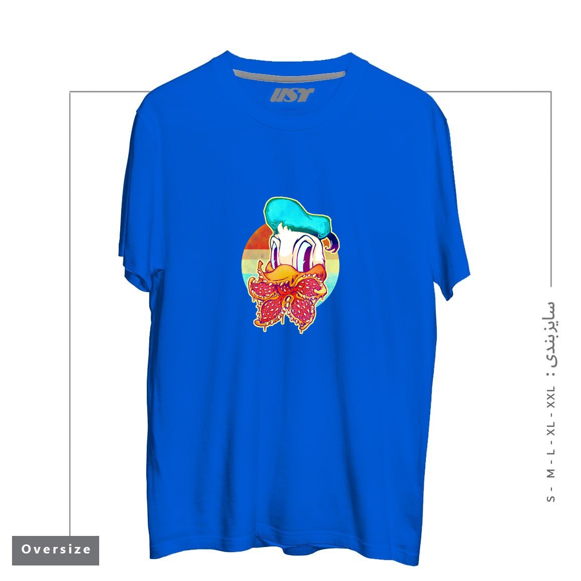 طرح UPSIDE DOWN STRANGER DONALD تیشرت اورسایزرنگ آبی شالی