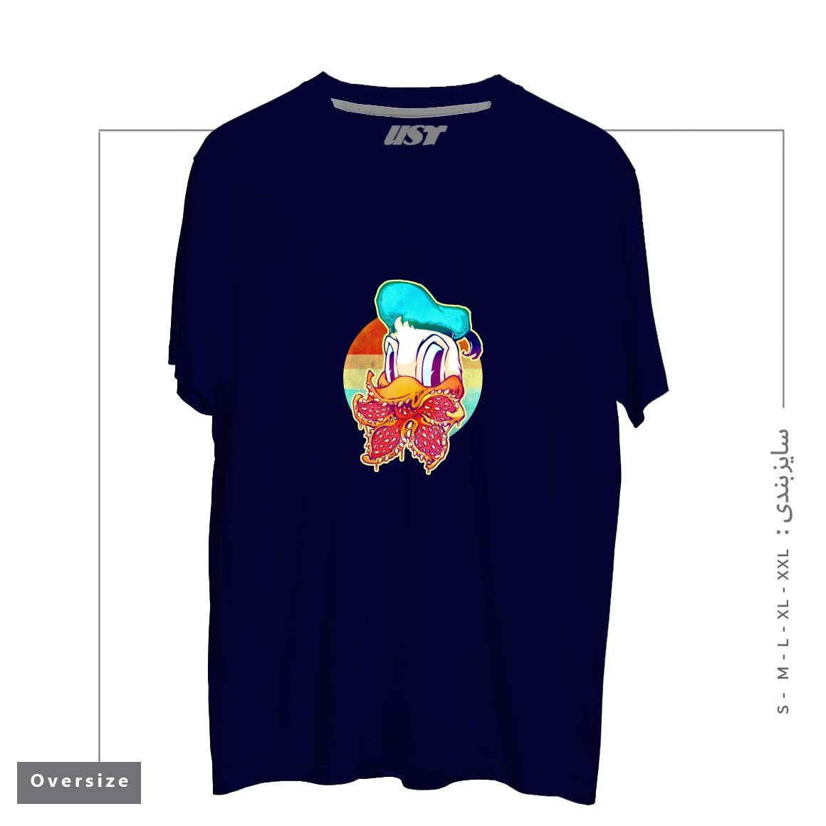 طرح UPSIDE DOWN STRANGER DONALD تیشرت اورسایزرنگ سرمه ای