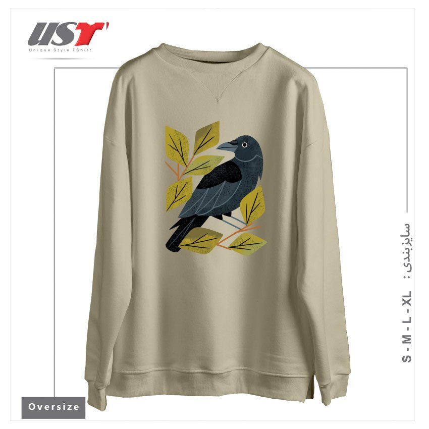 طرح PERCHING RAVEN سوییشرت اورسایزرنگ نخودی
