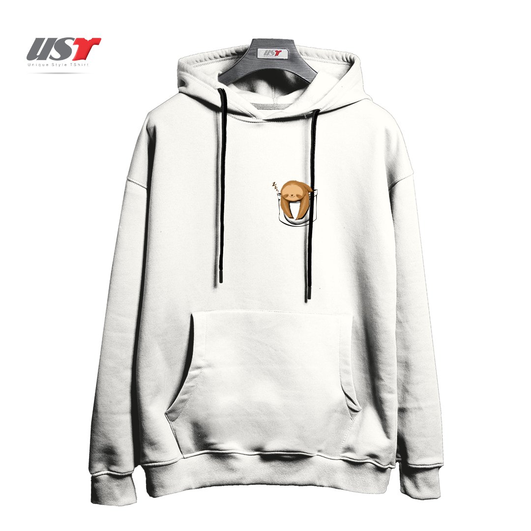 طرح SLOTH IN A POCKET هودی اورسایزرنگ سفید