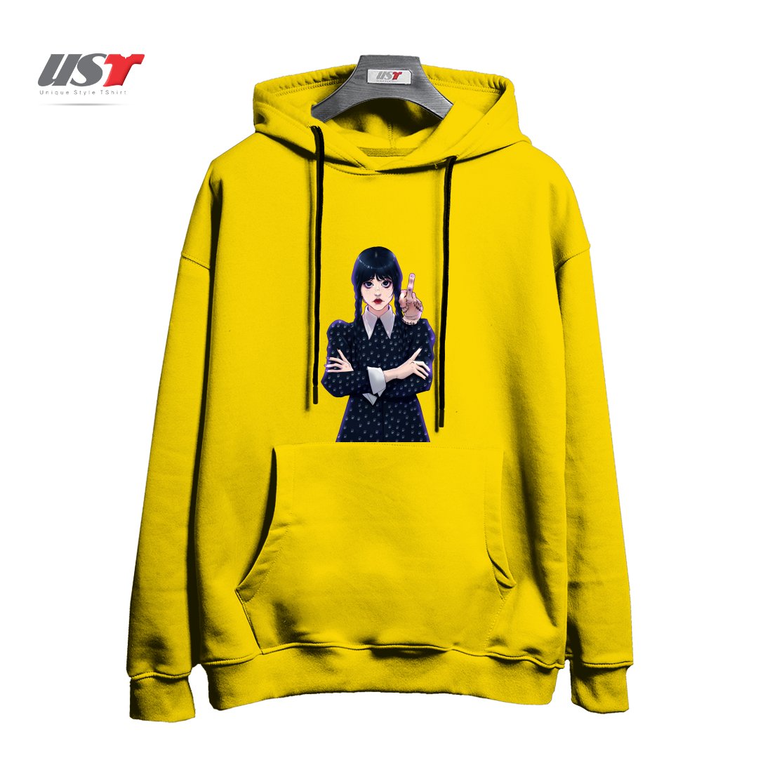 طرح Wednesday هودی اورسایزرنگ زرد