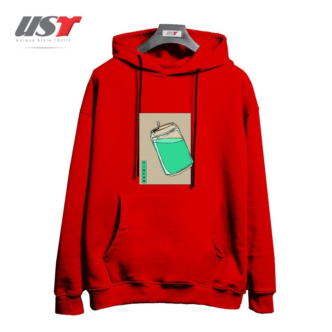 طرح Tin Can Green Drink Vintage Poster Artwork هودی اورسایزرنگ قرمز