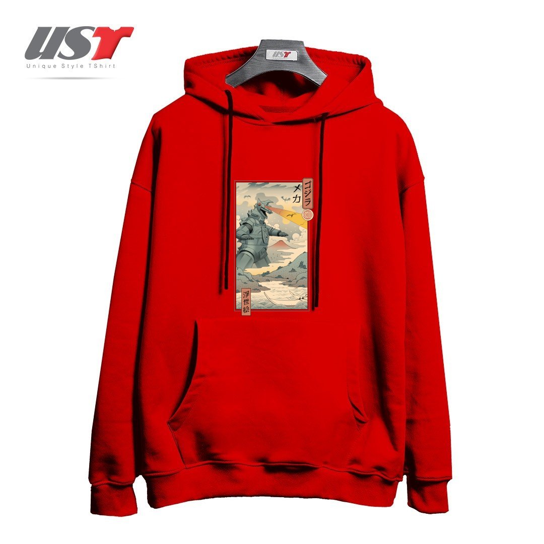 طرح Mecha Kaiju Ukiyo-e هودی اورسایزرنگ قرمز