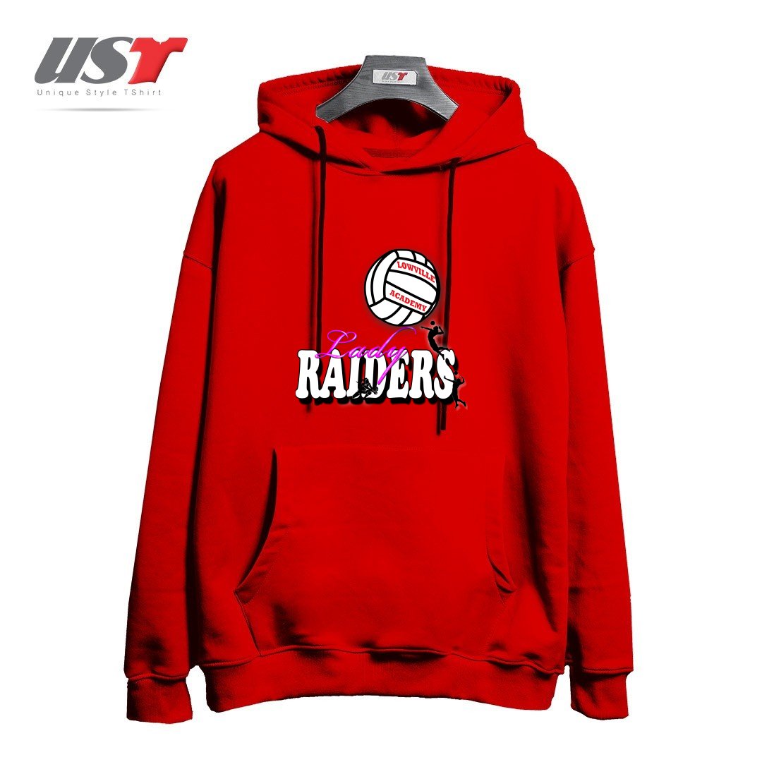 طرح LOWVILLE ACADEMY LADY RAIDERS VOLLEYBALL هودی اورسایزرنگ قرمز