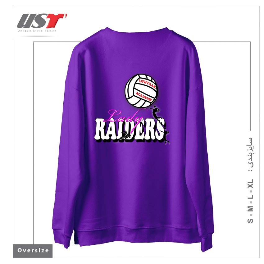 طرح LOWVILLE ACADEMY LADY RAIDERS VOLLEYBALL سوییشرت اورسایزرنگ بنفش