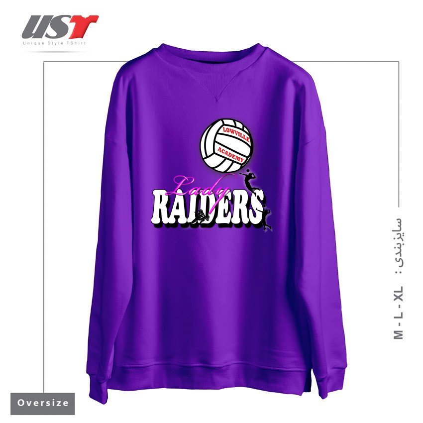 طرح LOWVILLE ACADEMY LADY RAIDERS VOLLEYBALL سوییشرت اورسایزرنگ بنفش