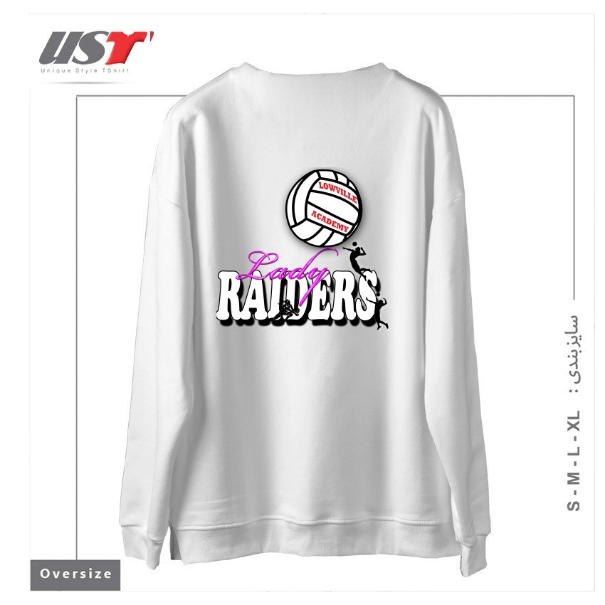 طرح LOWVILLE ACADEMY LADY RAIDERS VOLLEYBALL سوییشرت اورسایزرنگ سفید