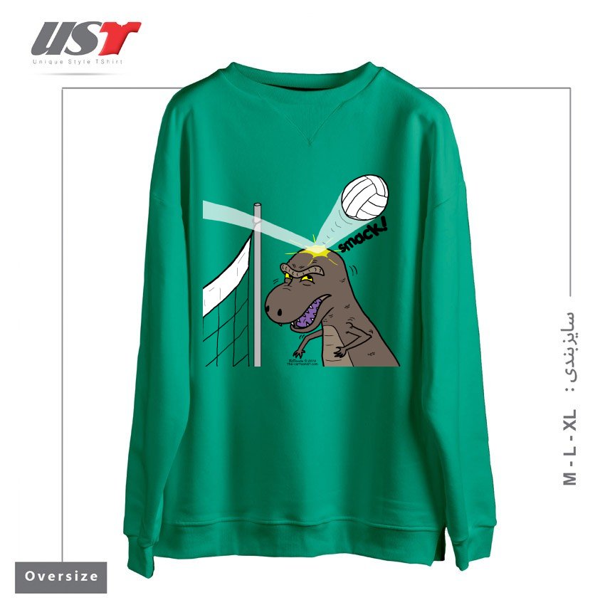 طرح WHY T-REXES DO NOT LIKE VOLLEYBALL سوییشرت اورسایزرنگ سبز سدری