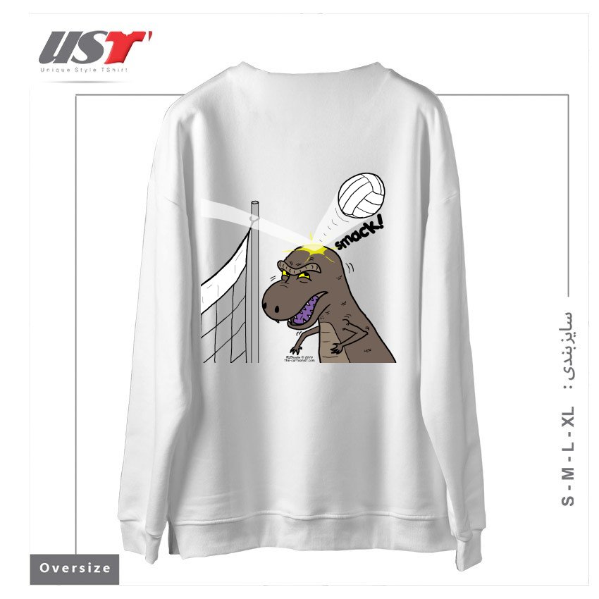 طرح WHY T-REXES DO NOT LIKE VOLLEYBALL سوییشرت اورسایزرنگ سفید