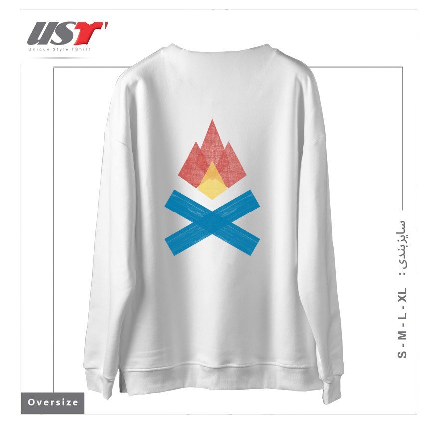 طرح BUILD FIRES. TELL STORIES. سوییشرت اورسایزرنگ سفید