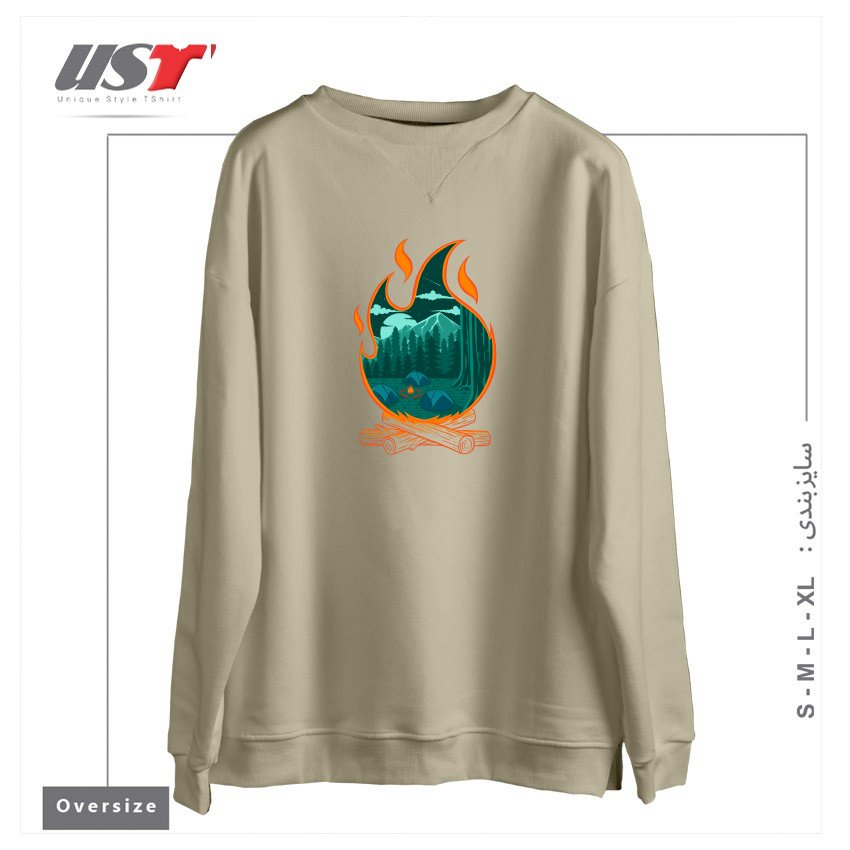 طرح CAMPFIRE ADVENTURE CAMPING سوییشرت اورسایزرنگ نخودی