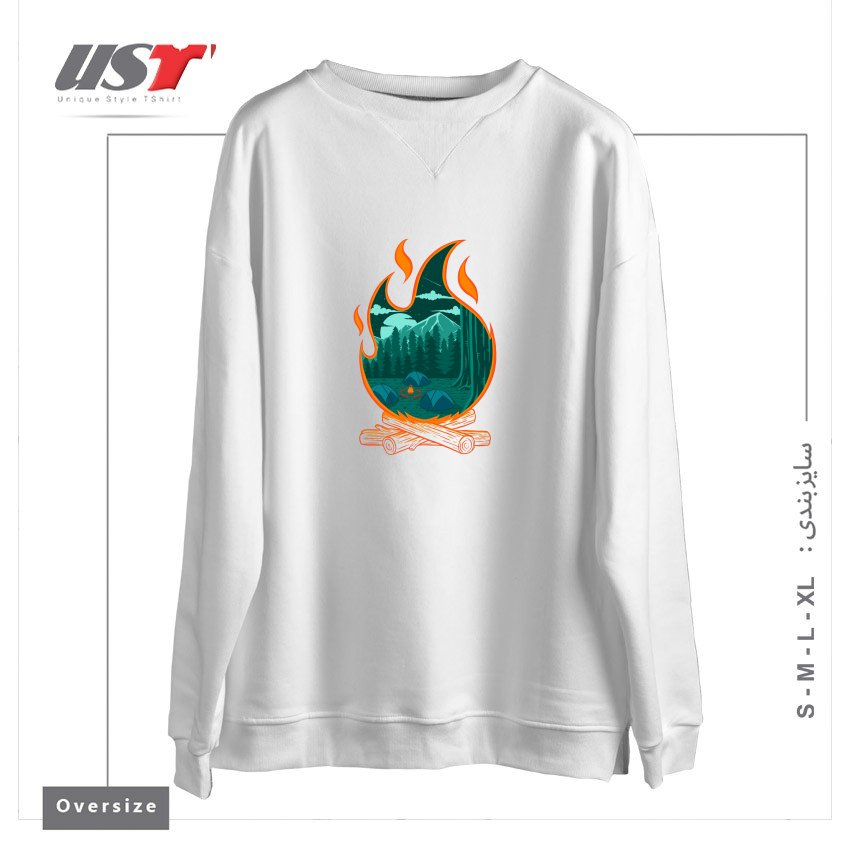 طرح CAMPFIRE ADVENTURE CAMPING سوییشرت اورسایزرنگ سفید