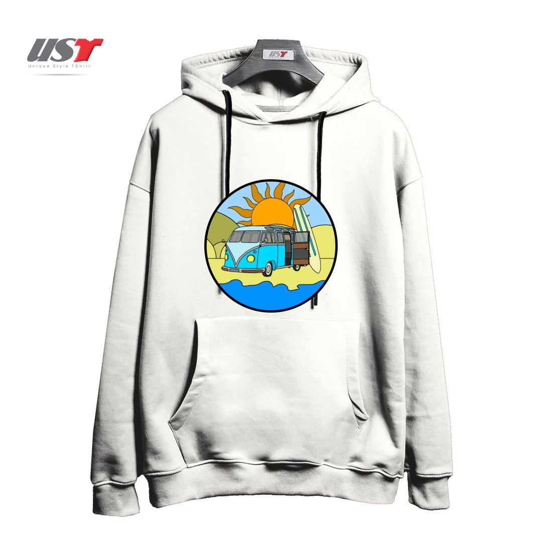 طرح CAMPING ON THE BEACH هودی اورسایزرنگ سفید