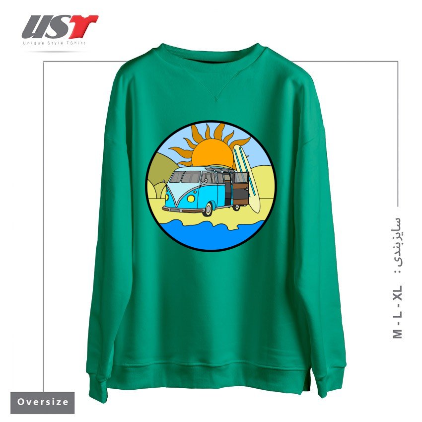 طرح CAMPING ON THE BEACH سوییشرت اورسایزرنگ سبز سدری