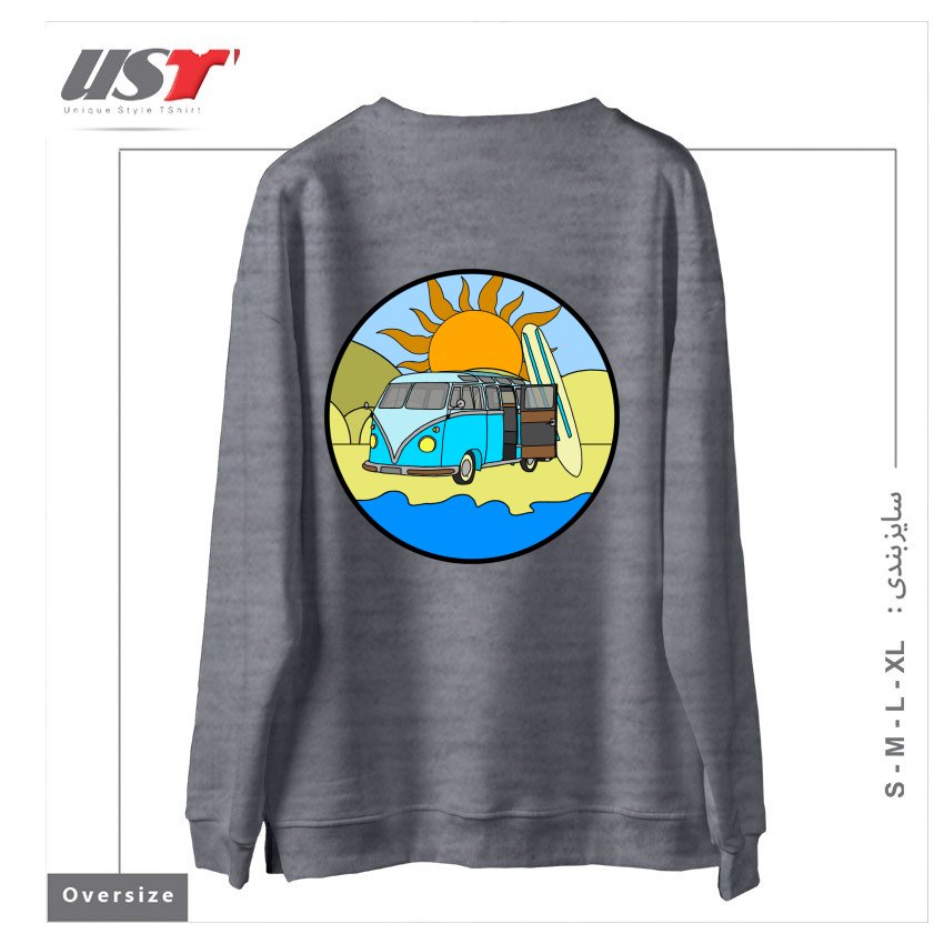 طرح CAMPING ON THE BEACH سوییشرت اورسایزرنگ طوسی ملانژ