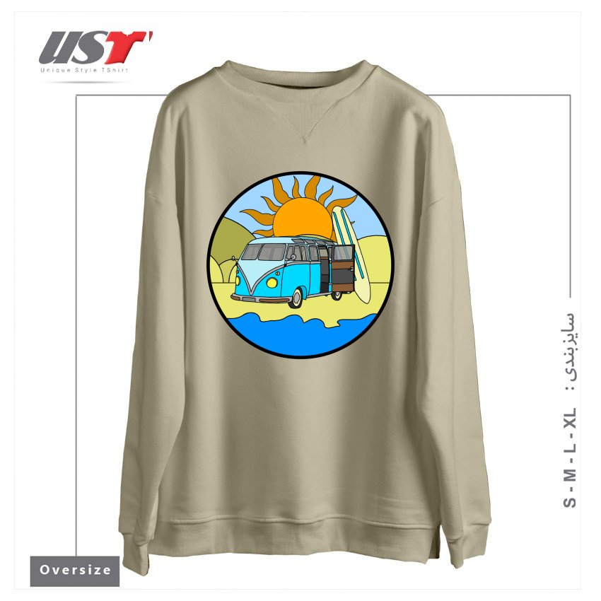 طرح CAMPING ON THE BEACH سوییشرت اورسایزرنگ نخودی