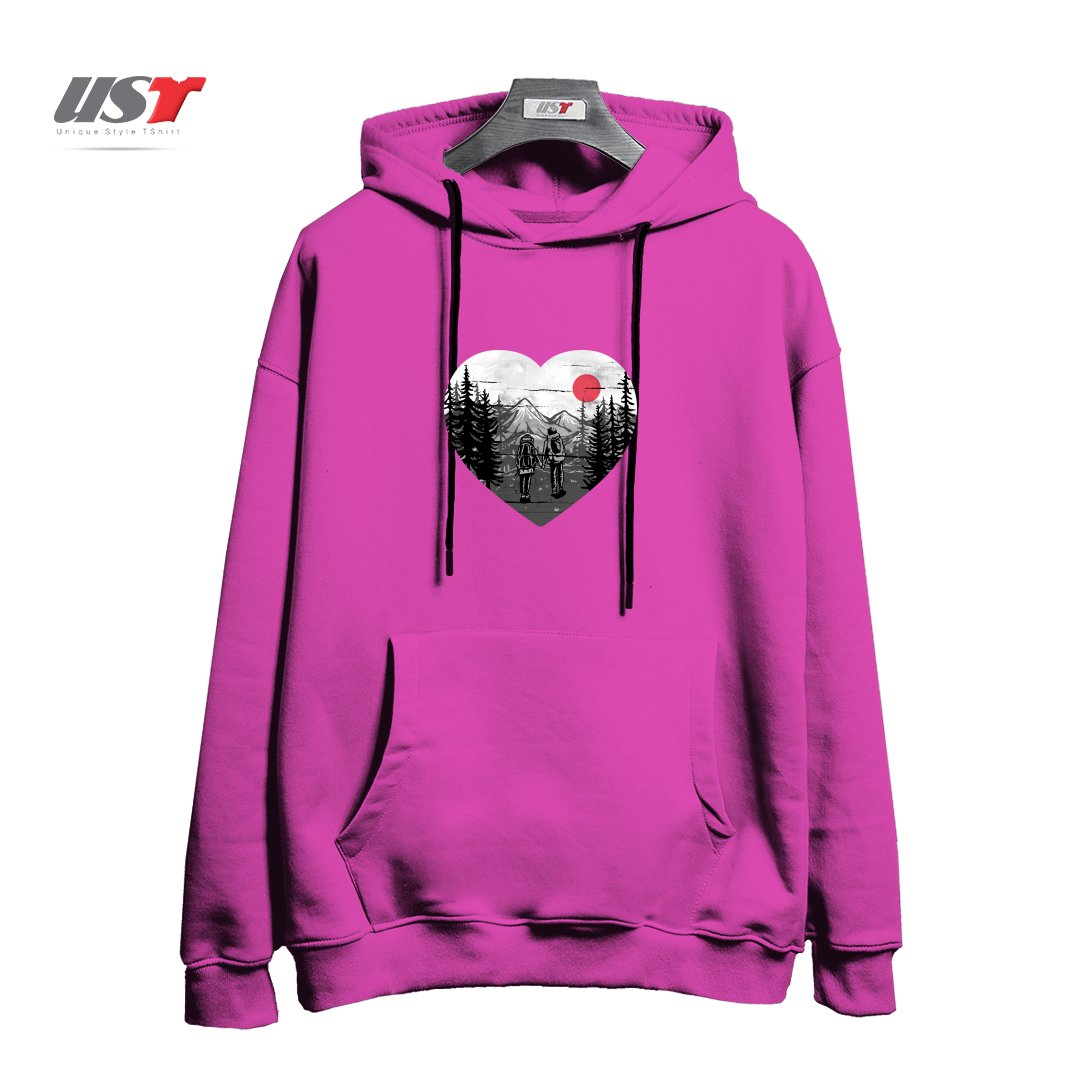 طرح HIKE AND LOVE هودی اورسایزرنگ صورتی