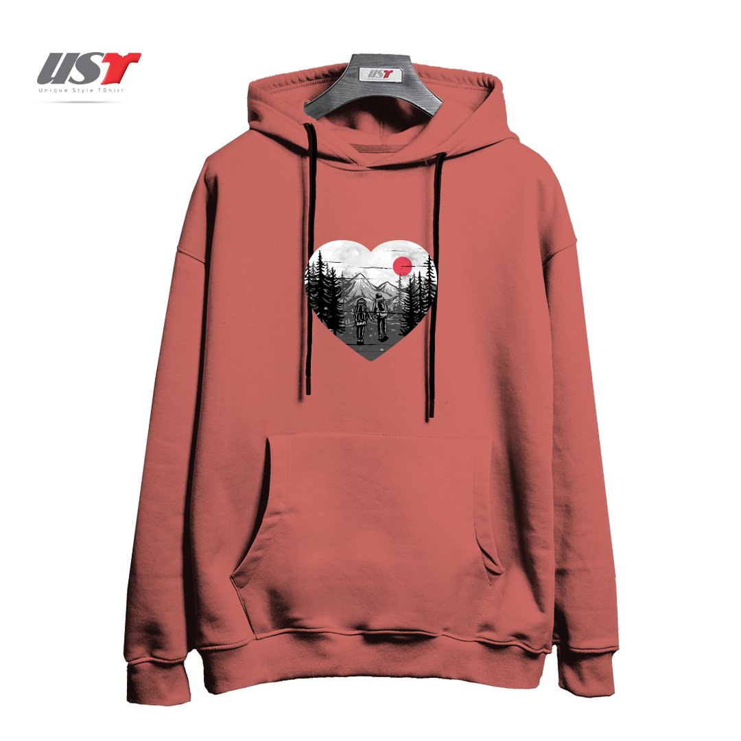 طرح HIKE AND LOVE هودی اورسایزرنگ آجری