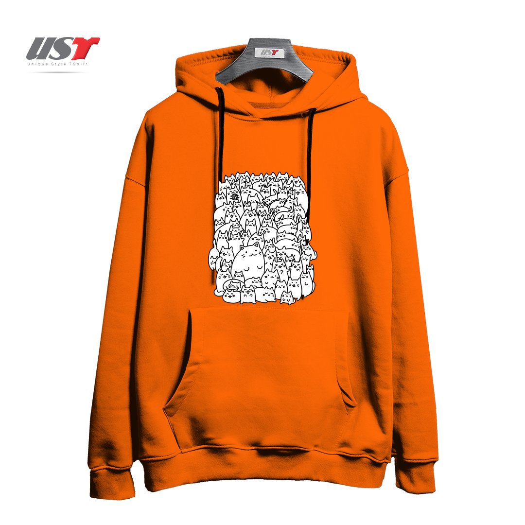 طرح DOODLETOWN KITTIES هودی اورسایزرنگ نارنجی