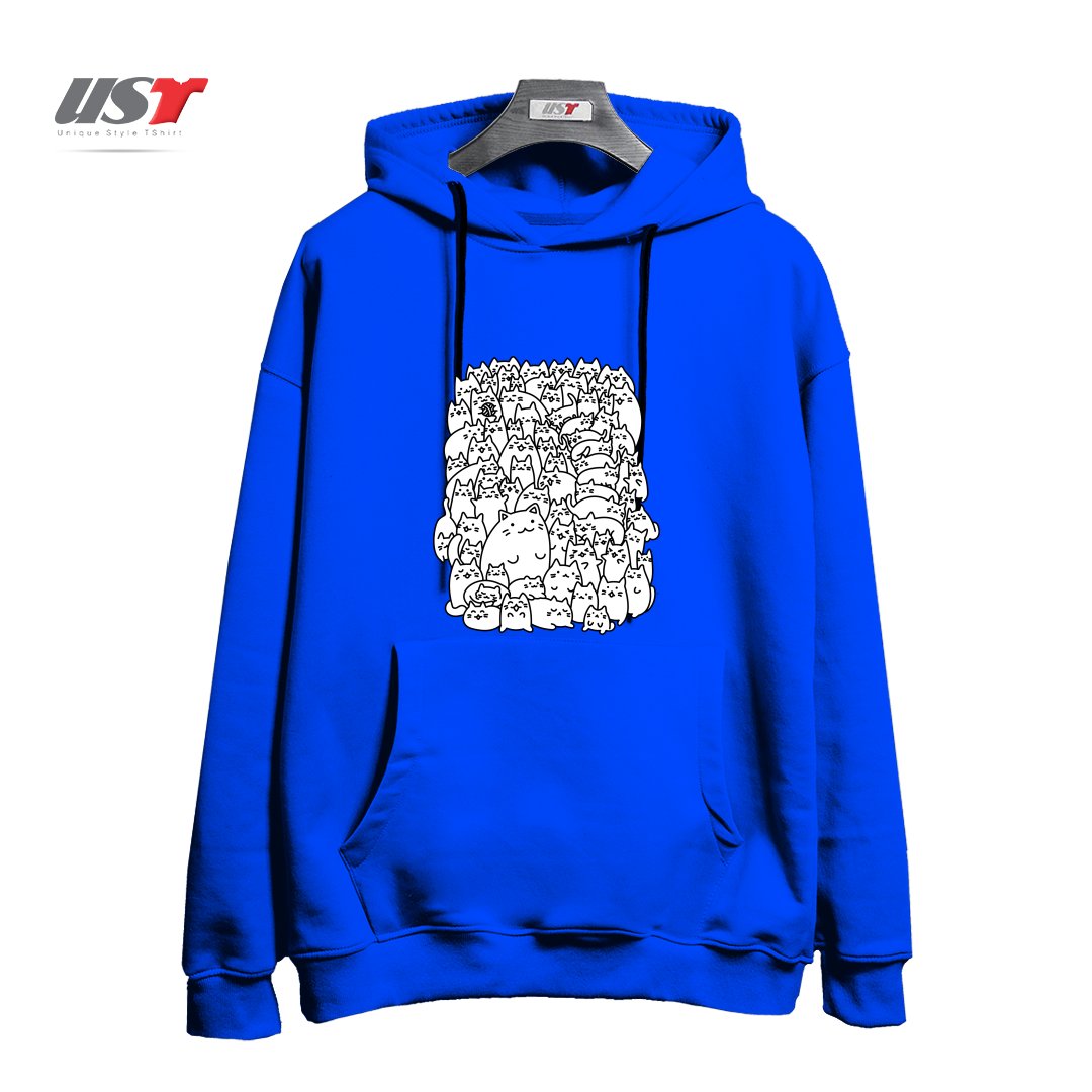 طرح DOODLETOWN KITTIES هودی اورسایزرنگ آبی شالی