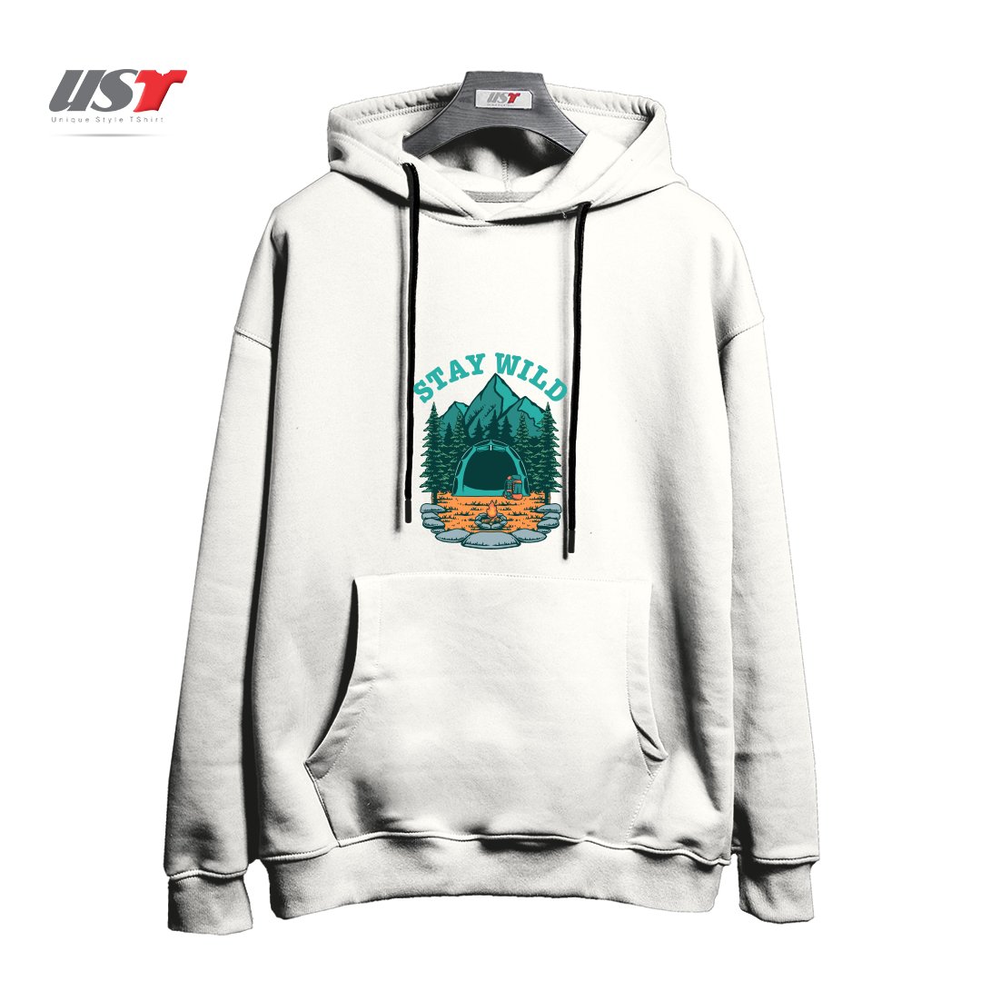 طرح STAY WILD هودی اورسایزرنگ سفید