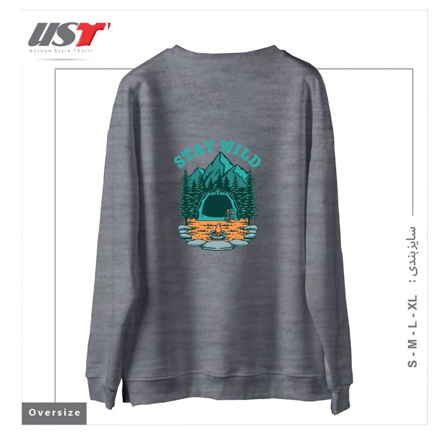 طرح STAY WILD سوییشرت اورسایزرنگ طوسی ملانژ