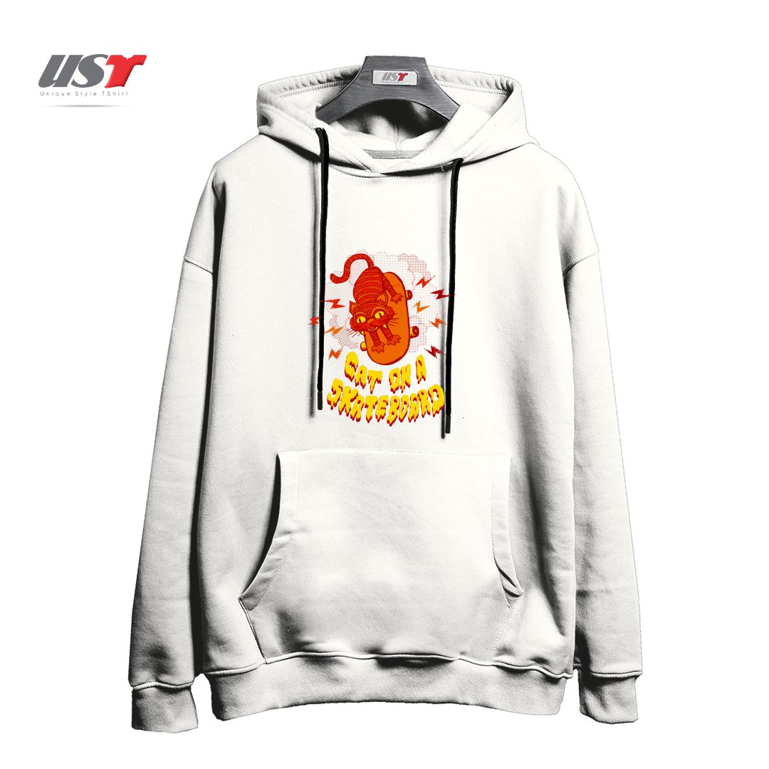 طرح CATONASKATEBOARD هودی اورسایزرنگ سفید