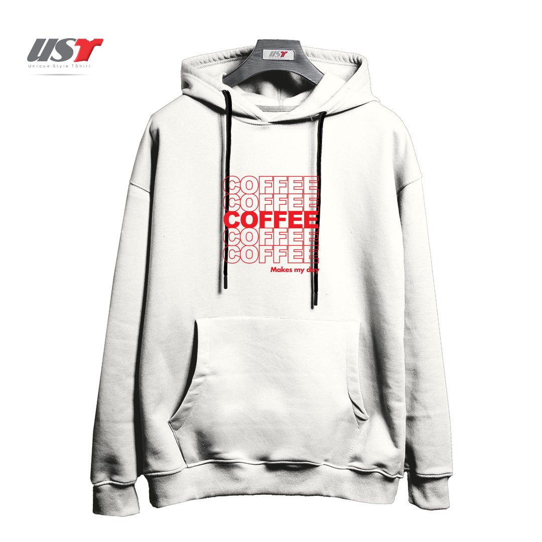 طرح COFFEE MAKES MY DAY هودی اورسایزرنگ سفید