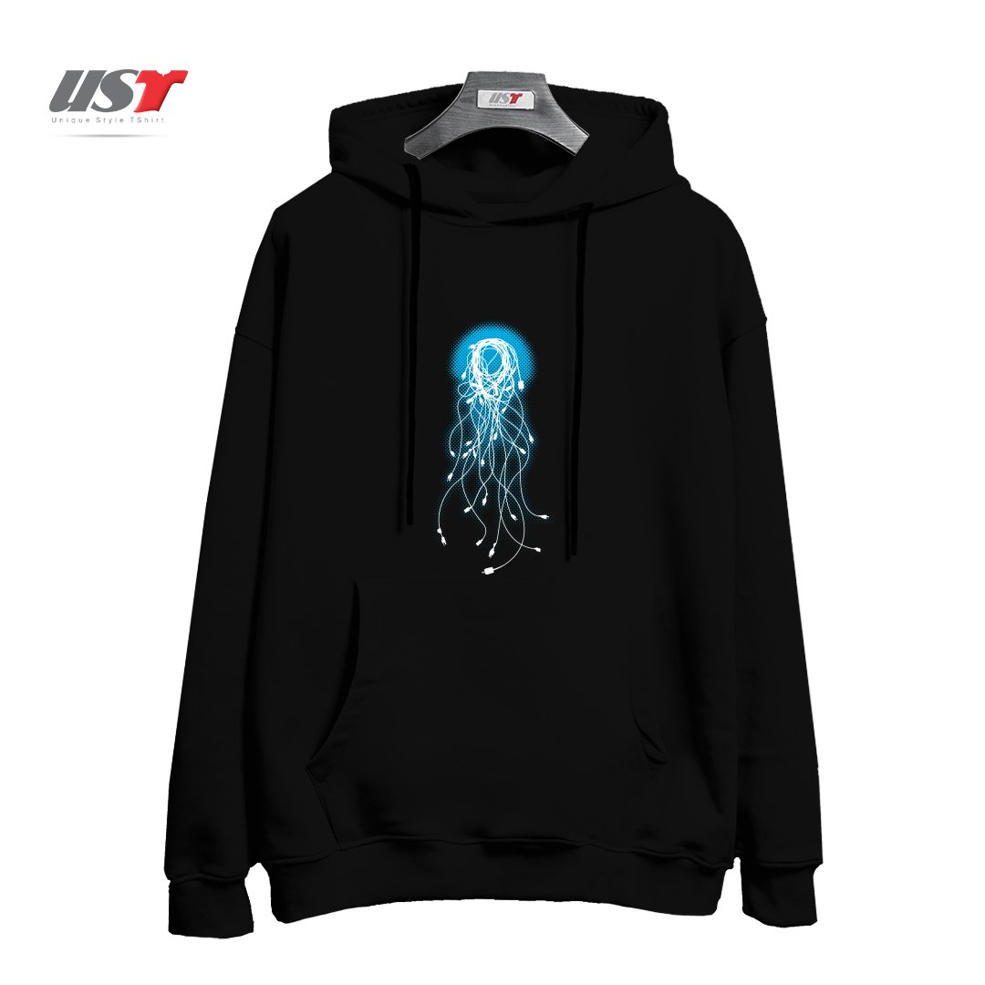 طرح ELECTRIC JELLYFISH هودی اورسایزرنگ مشکی