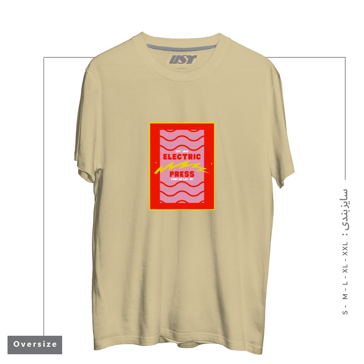 طرح ELECTRIC PRESS WAVE تیشرت اورسایزرنگ نخودی
