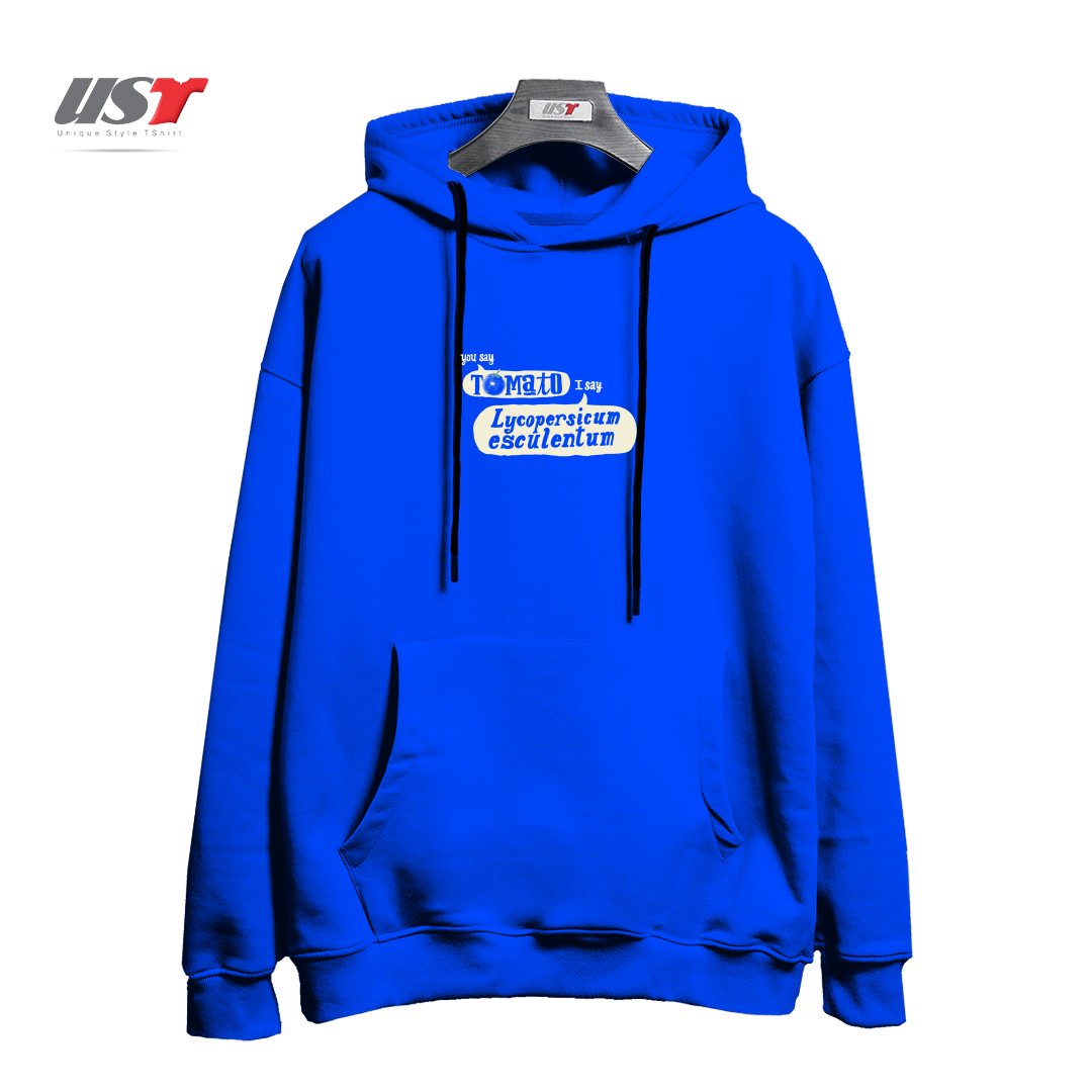 طرح YOU SAY TOMATO, I SAY LYCOPERSICON ESCULENTUM هودی اورسایزرنگ آبی شالی