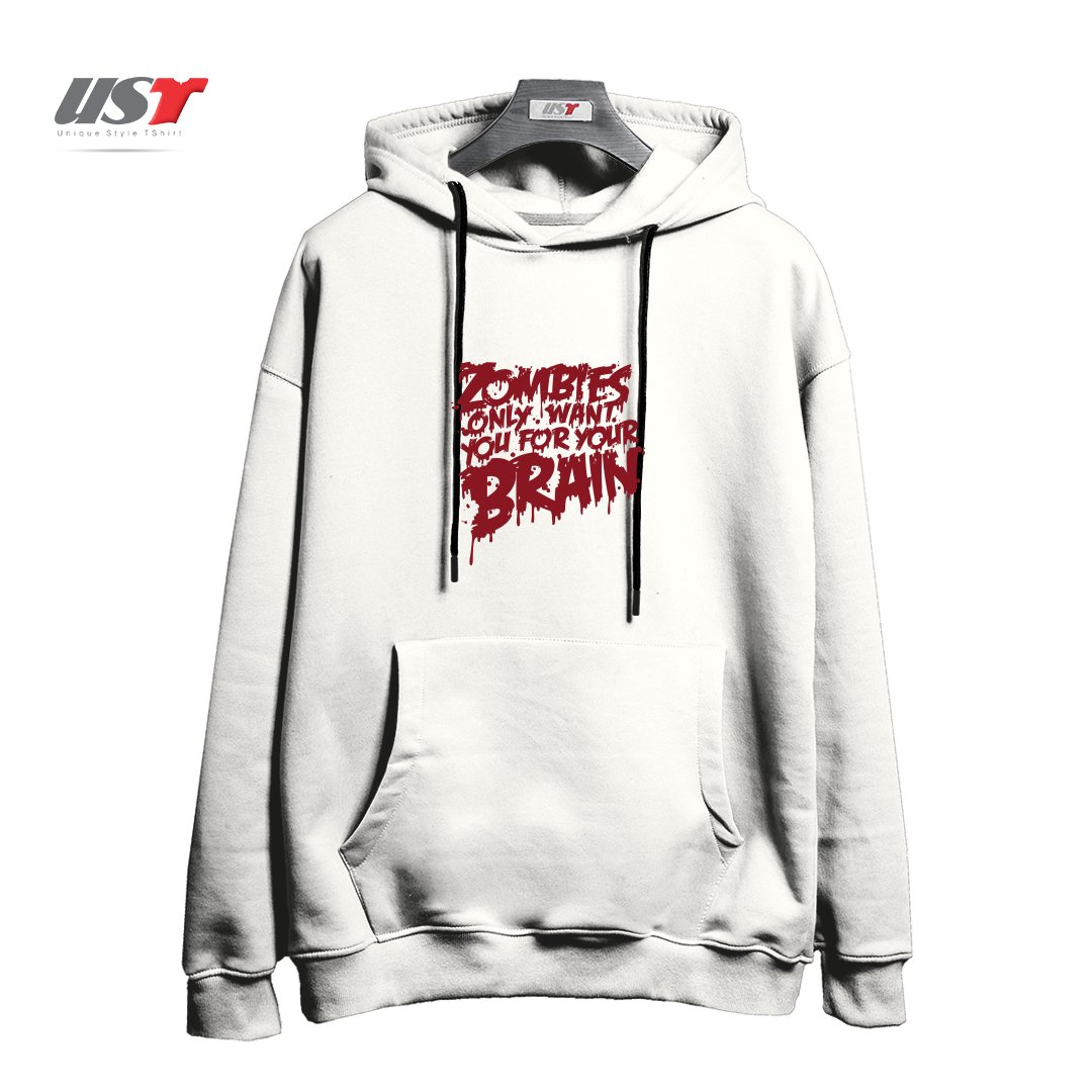 طرح ZOMBIES ONLY WANT YOU FOR YOUR BRAIN هودی اورسایزرنگ سفید