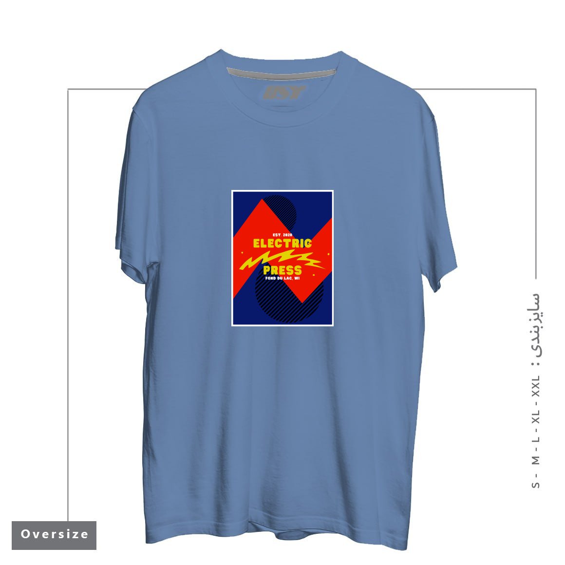 طرح ELECTRIC PRESS ZAG تیشرت اورسایزرنگ آبی نفتی