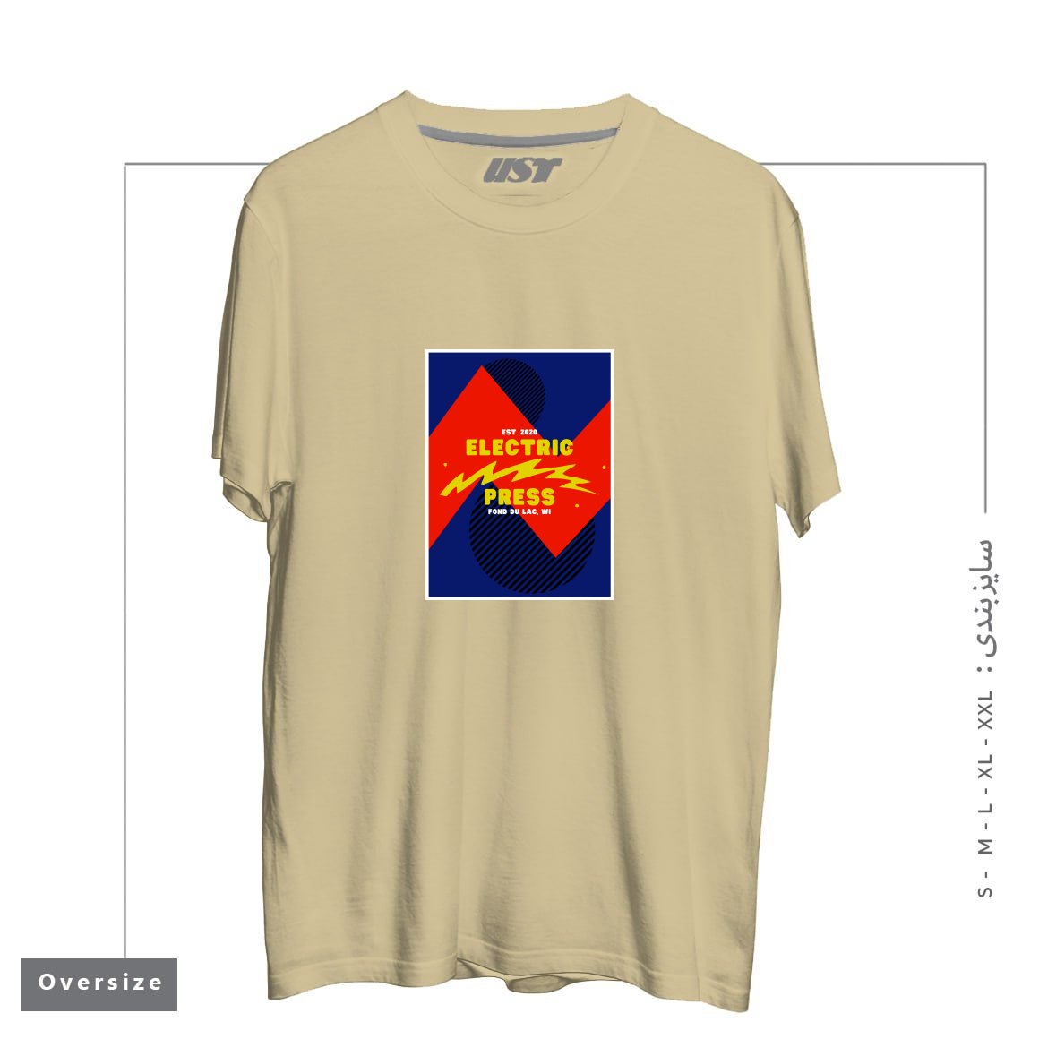 طرح ELECTRIC PRESS ZAG تیشرت اورسایزرنگ نخودی