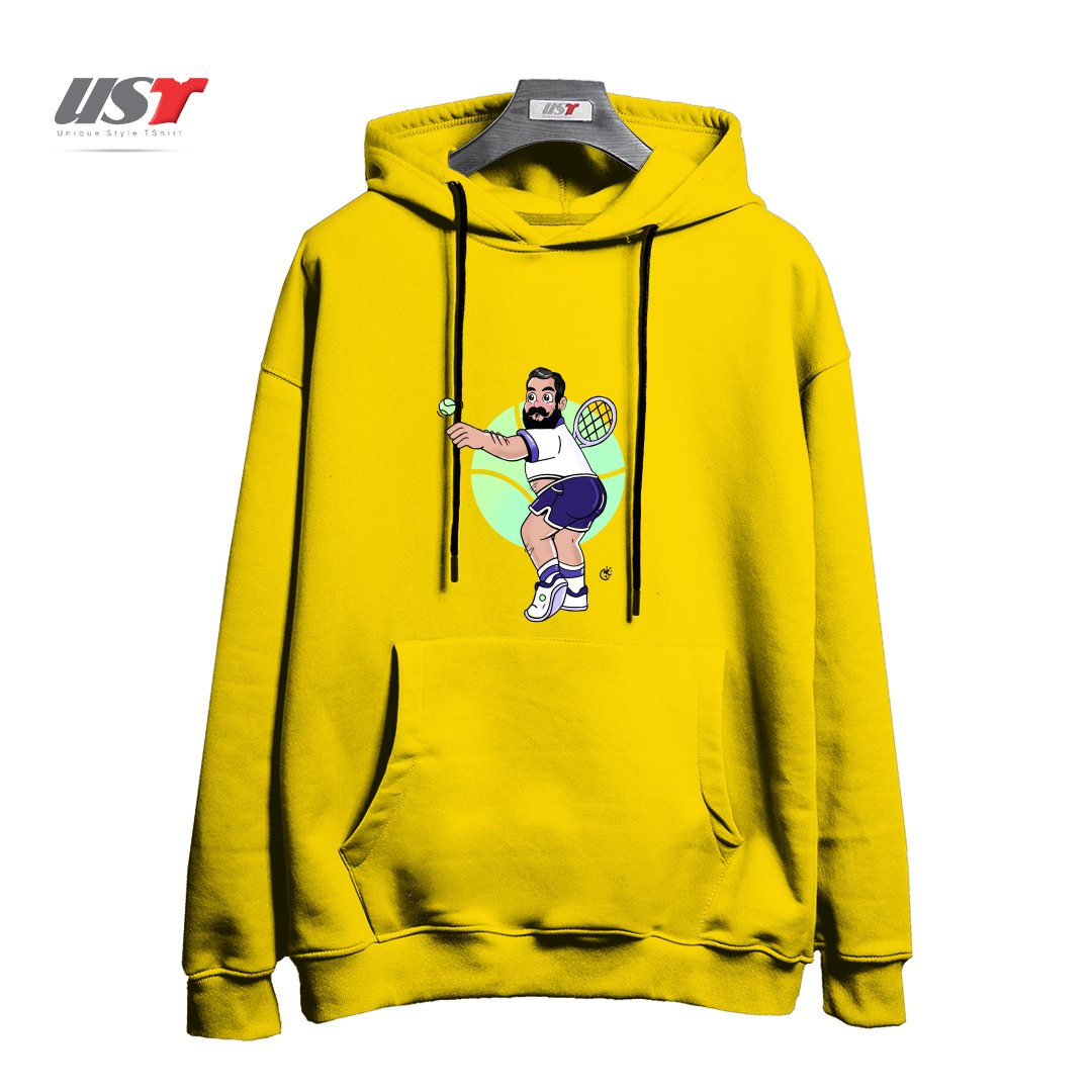 طرح RACQUET MAN هودی اورسایزرنگ زرد