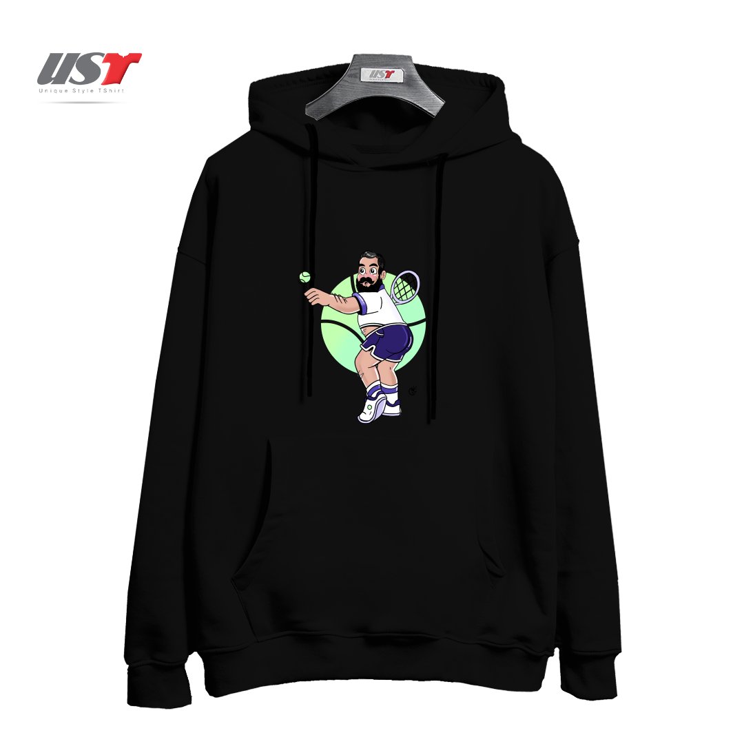 طرح RACQUET MAN هودی اورسایزرنگ مشکی