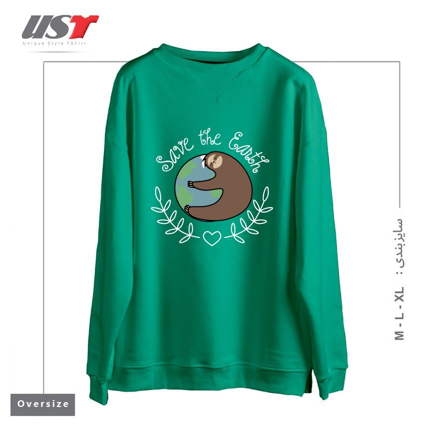 طرح SAVE THE EARTH سوییشرت اورسایزرنگ سبز سدری