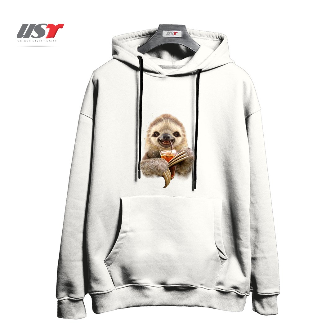 طرح SLOTH & SOFT DRINK هودی اورسایزرنگ سفید