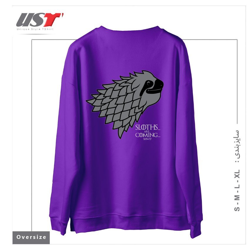 طرح SLOTHS ARE COMING! سوییشرت اورسایزرنگ بنفش