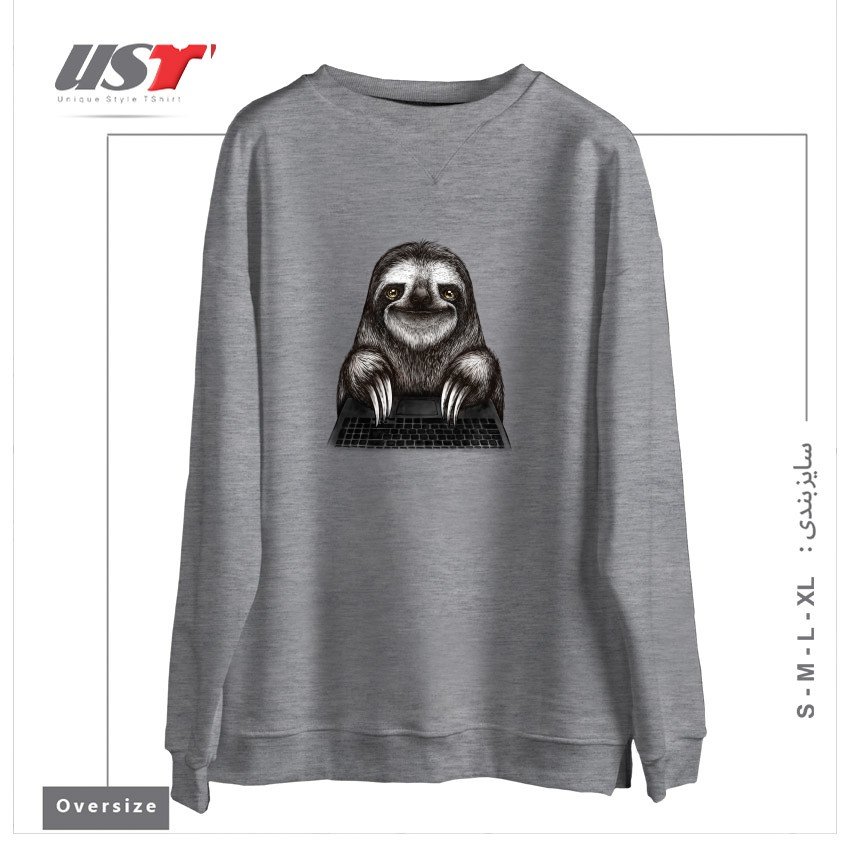 طرح SMILING SLOTH WITH LAPTOP سوییشرت اورسایزرنگ طوسی ملانژ